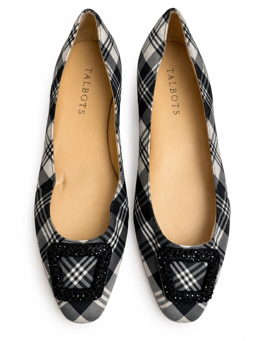 Talbots Black and Gray Plaid Embellished Flats